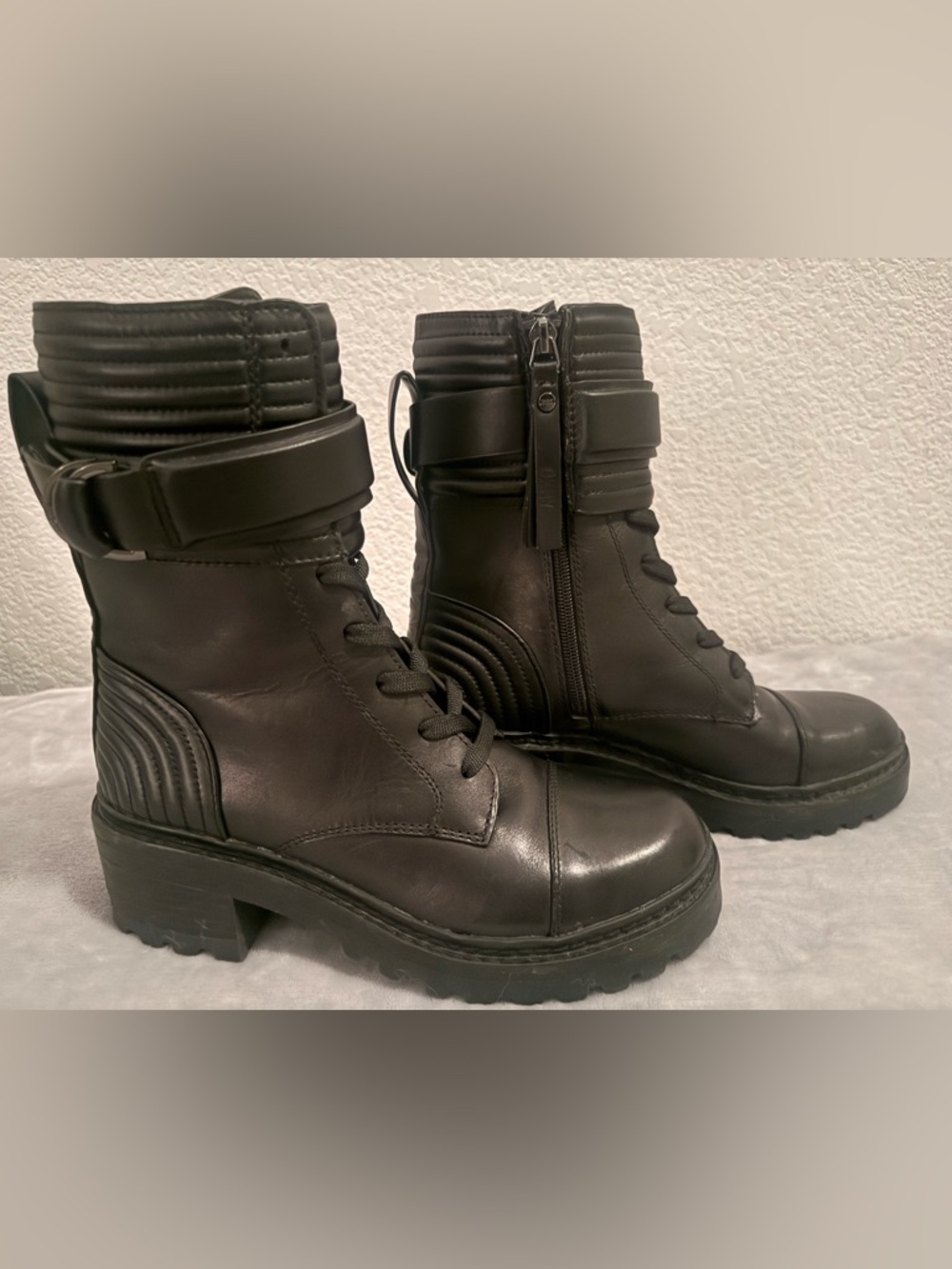 DKNY Black Leather Lace-Up Combat Boots with Buckle Strap